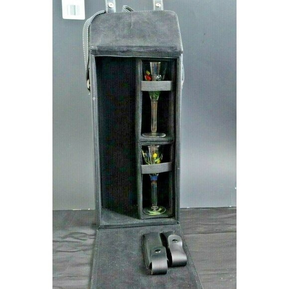 Wine or Liquor Carrier, Corkscrew, Stopper, Shoulder Strap, Hand Painted Glasses - Picture 1 of 6